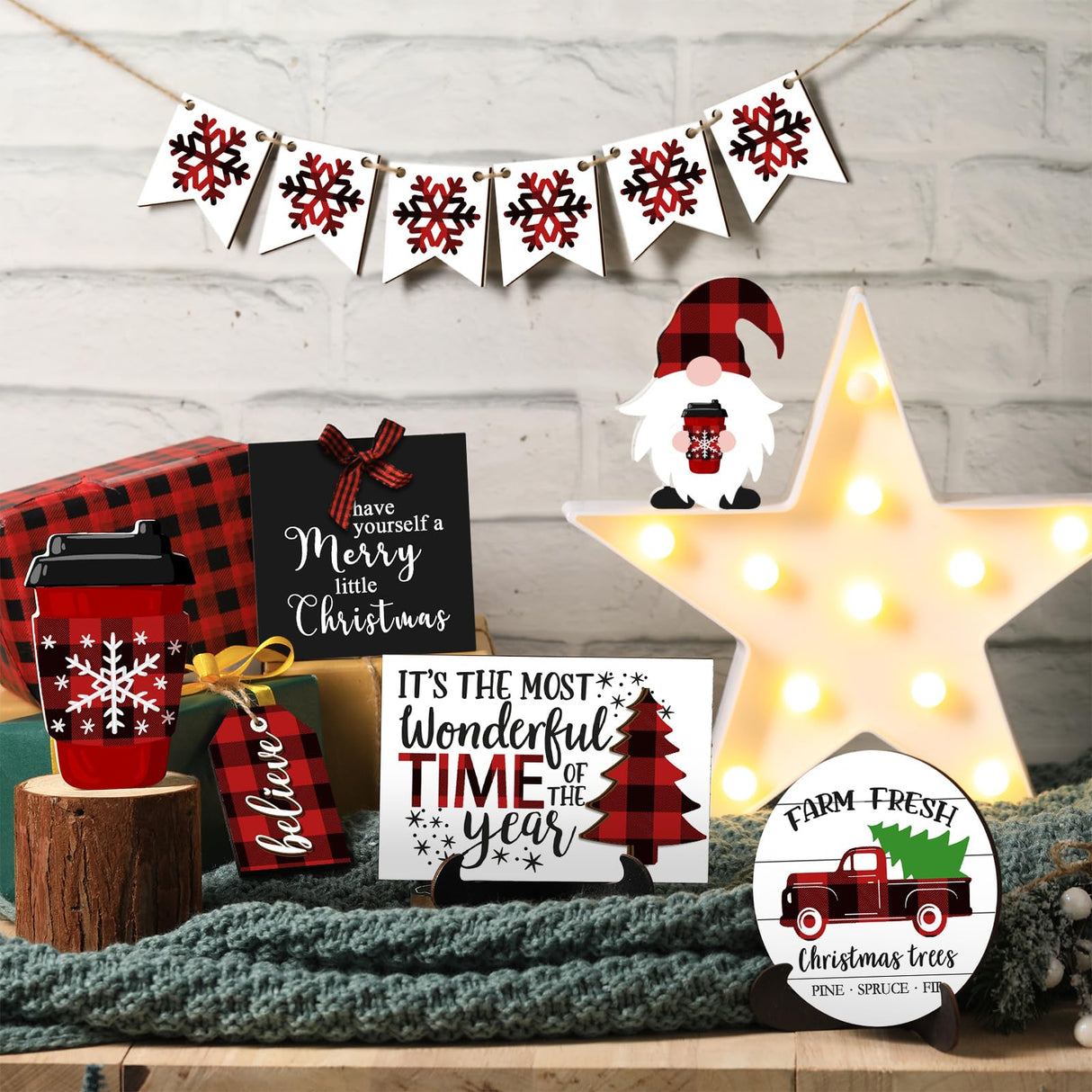 Jetec 12 Pcs Christmas Tiered Tray Decor - Red & Black Buffalo Plaid, Snowflake, Tree, Gnome, Truck - Wooden Signs - Farmhouse Decoration Centerpieces Christmas Decor for Home, Table, Shelf Jetec