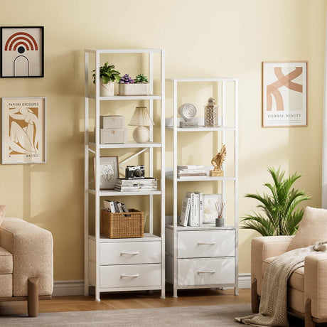 Furnulem 5-Tier Corner Shelf, Narrow Bookshelf with 2 Storage Drawers, Tall Bookcase, Standing Shelf Organizer Unit for Living Room, Bedroom, Metal Frame, Wood Display Shelf(White) Furnulem