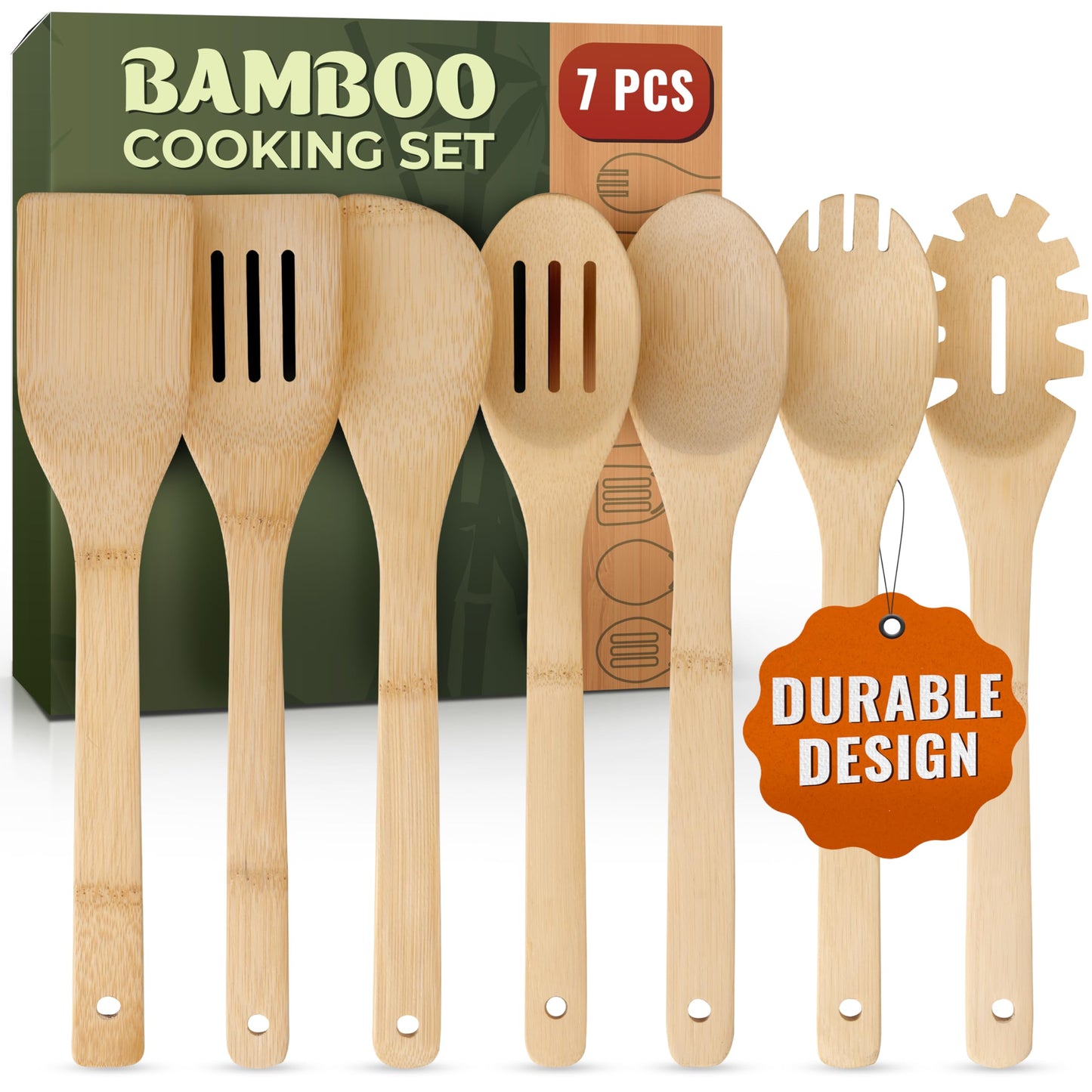 7 PCs Wooden Cooking Utensils set, Bamboo Wooden Spoons for Cooking – Easy to Clean Wooden Kitchen Utensils, Sturdy, Lightweight & Heat Resistant - WoodArtSupply