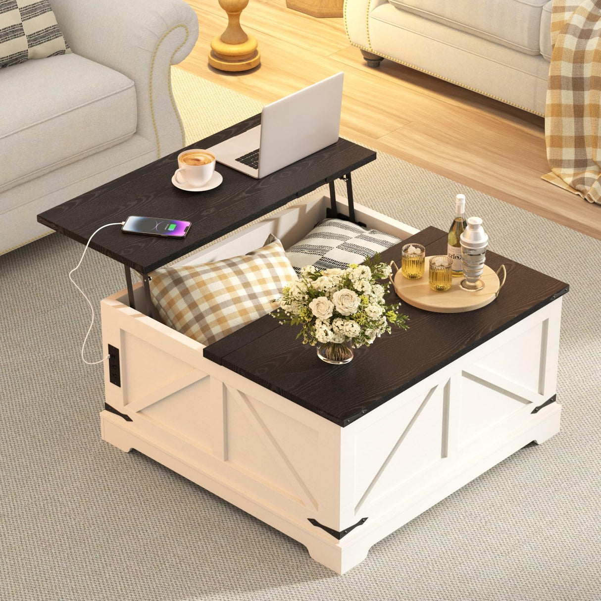 Vabches 31.5" Lift Top Coffee Table with Storage, Farmhouse Square Coffee Tables for Living Room, Center Table with Charging Station and Hidden Space, White Vabches