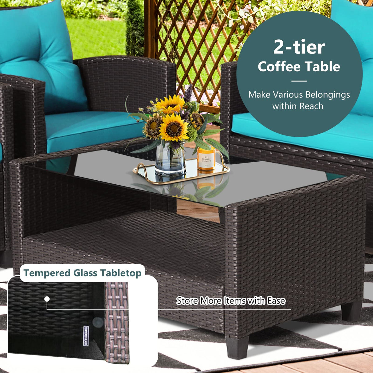 Tangkula 4-Piece Patio Furniture Set, Rattan Wicker Chair Set with 1 Loveseat, 2 Single Sofas, 1 Coffee Table with Tempered Glass Top, Outdoor Furniture Sets for Backyard, Porch, Garden and Poolside Tangkula