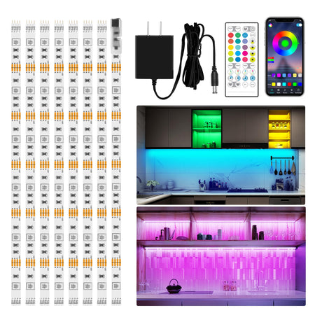 maylit 8 PCS RGB Under Cabinet Lighting Kit, App and Remote Control Strip Lights, Music Sync Color Changing Led Lights with ETL Listed Power Adapter, for Cabinet, Counter, Shelf, Bookcase, 13ft maylit