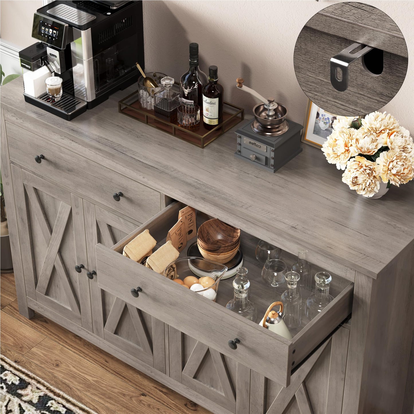 FOTOSOK Sideboard Buffet Cabinet with Storage, 55" Large Kitchen Storage Cabinet with 2 Drawers and 4 Doors, Wood Coffee Bar Cabinet Buffet Table for Kitchen Dining Room, Ash Grey - WoodArtSupply