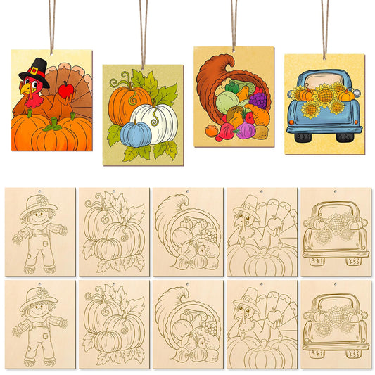 COCHIE 10PCS Large Thanksgiving Unfinished Wood Crafts to Paint for Adults Kids, Bulk Predrilled Wooden Ornaments for Painting, Pumpkin Scarecrow Paintable Wood Slices Craft Supplies with Ropes