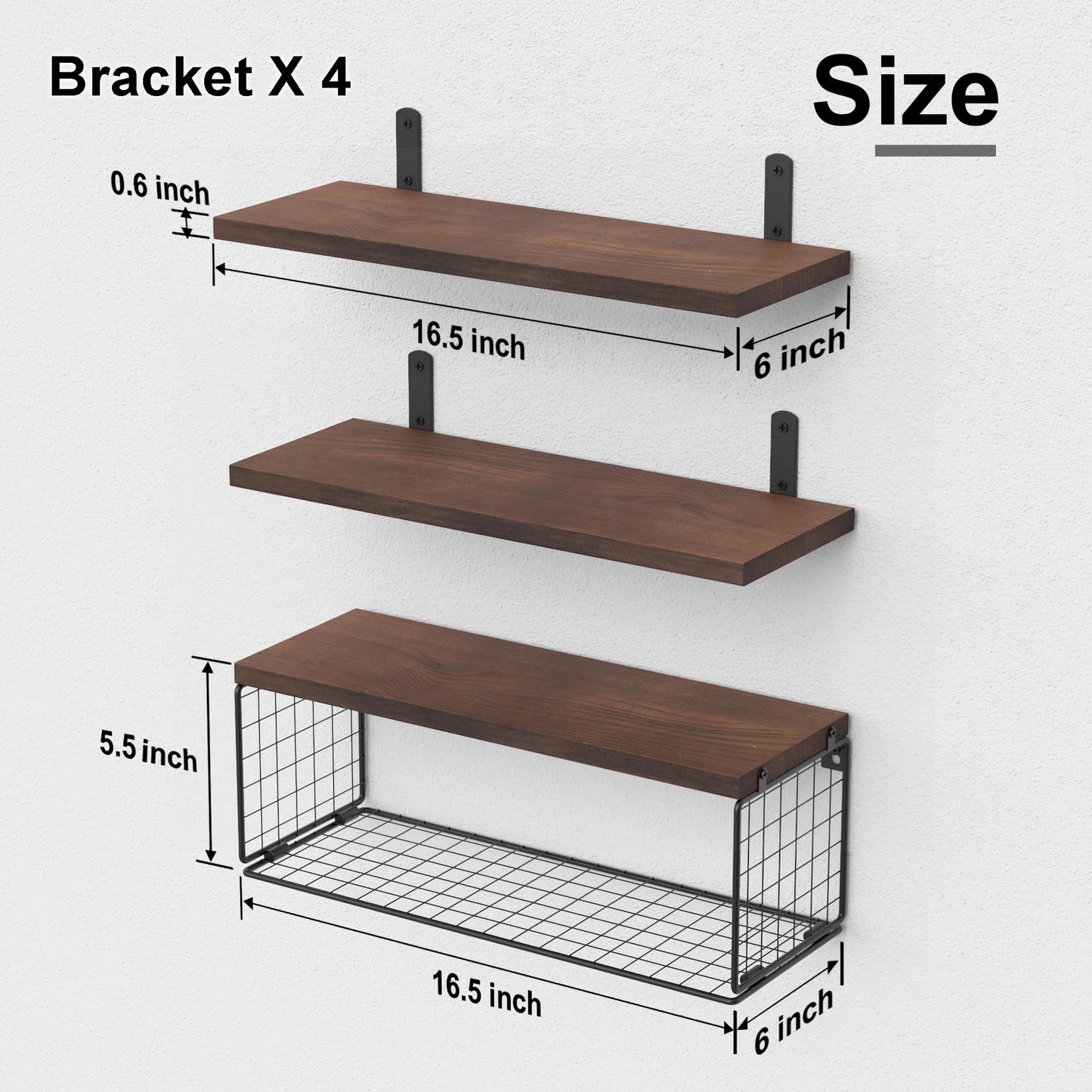 WOPITUES Bathroom Shelf Over Toilet, Floating Bathroom Shelf Wall Mounted with Wire Basket, Floating Shelf for Wall Décor-Rustic Brown