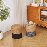 Wimarsbon Natural Seagrass Foot Stool, Hand Weaving Round Ottoman, for Living Room, Outdoor Seat (Natural & Blue) Wimarsbon