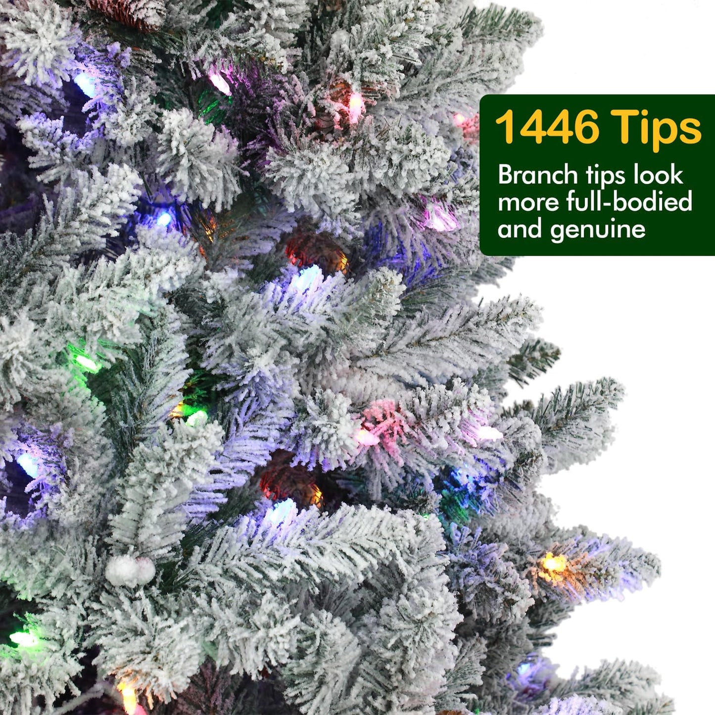 Hykolity 7.5 ft Prelit Snow Flocked Christmas Tree, Artificial Christmas Tree with Pine Cones and Berries, 450 Color Changing LED Lights, 1446 Branch Tips, Metal Stand and Hinged Branches, 10 Colors