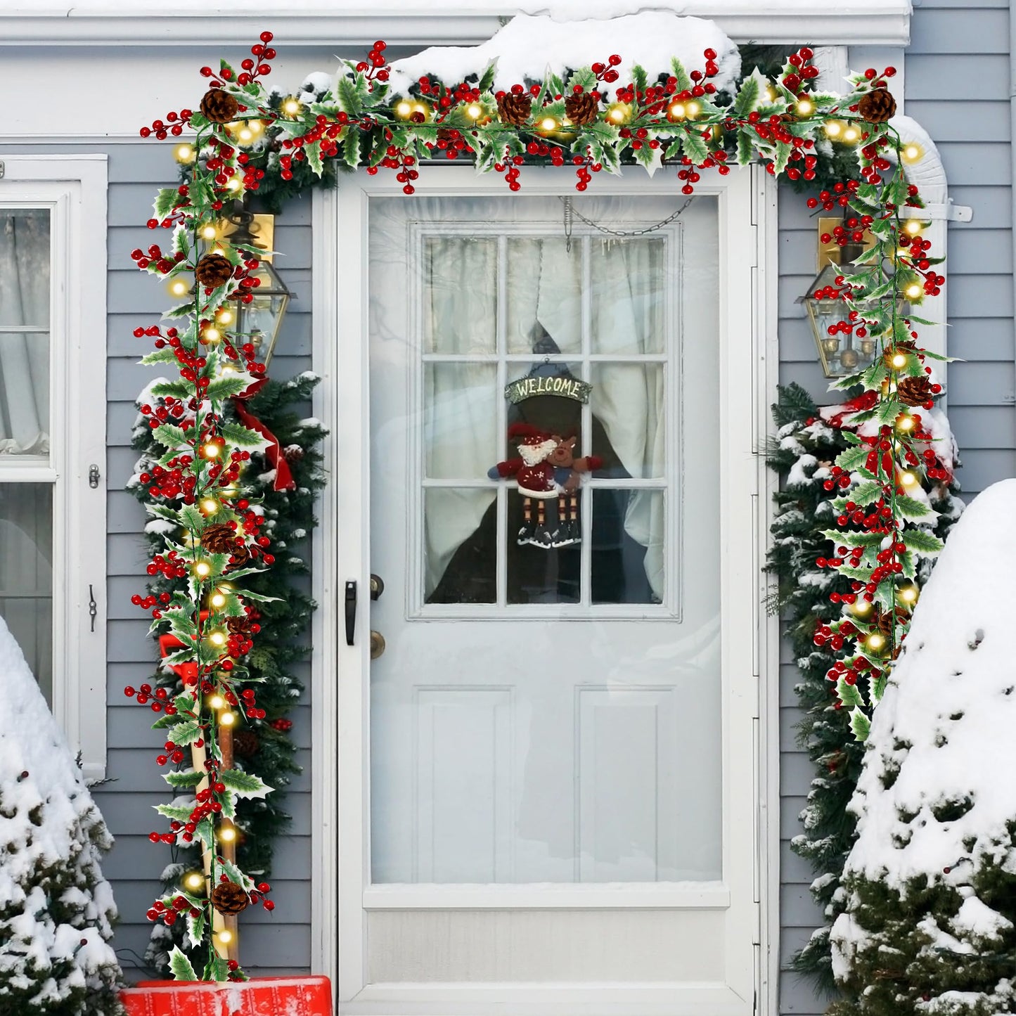 Sggvecsy Christmas Garland Red Berry Garland with Red Berries Lighted Holly Leaves Garlands Artificial Christmas Green Leaves Garland Battery Operated for Xmas Indoor Home Winter Holiday Decoration