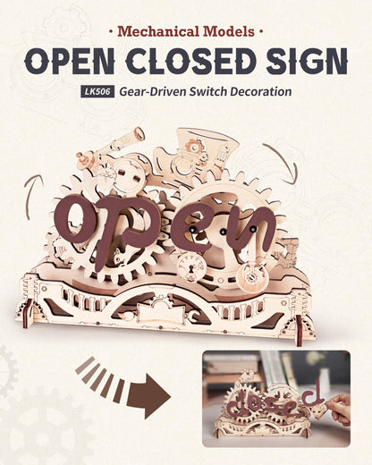 ROBOTIME LK506 Open Closed Sign 3D Puzzle, Mechanical Wooden Model to Build for Beginners, Wooden Puzzles for Adults & Teens, Home Office Cafe Aesthetic Decor Unique Gift - WoodArtSupply