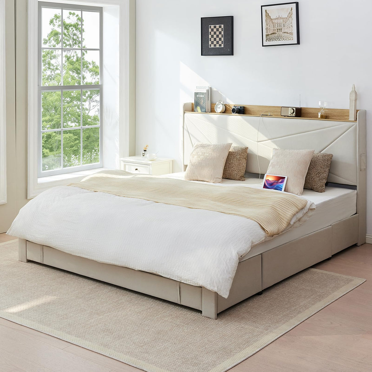 Tsuysi King Bed Frame with Headboard, Noise Free and No Spring Need Platform Bed Frame King Size with 3 Storage Drawers and USB Port for Home, Hotel, Guesthouse (Beige) Tsuysi