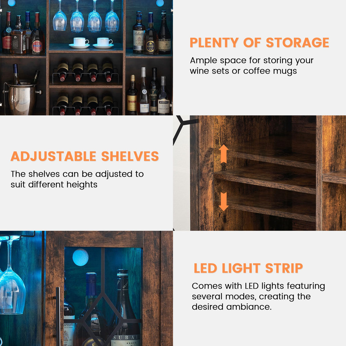 GAOMON Wine Bar Cabinet with LED Light, Home Coffee Cabinet with Wine and Glass Rack, Kitchen Buffet Sideboard Storage Shelf, Modern Liquor Cabinet for Living Room Dining Room (Brown) GAOMON