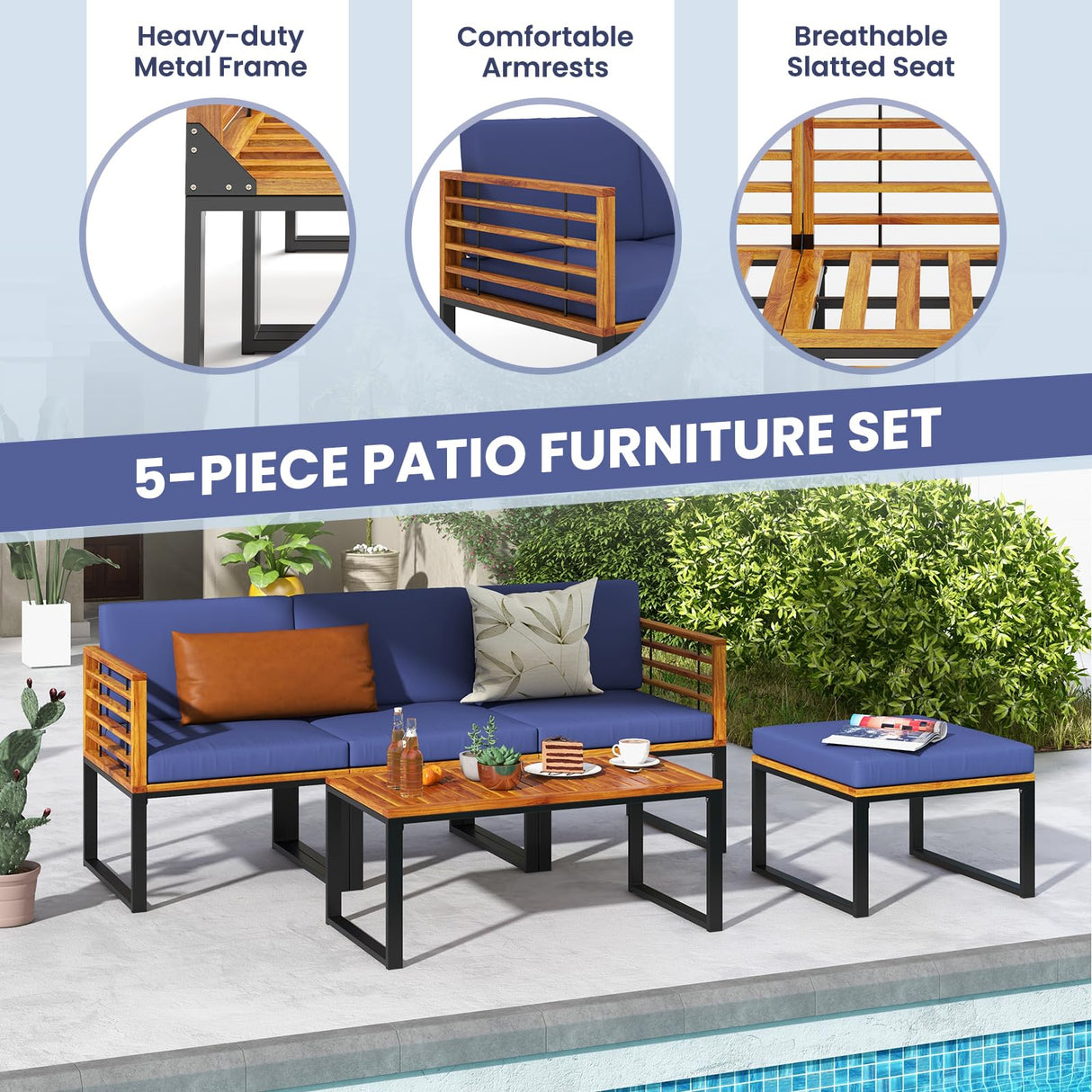 Tangkula 5 Pieces Patio Conversation Set, Acacia Wood Chair Set with Ottoman & Coffee Table, Comfy Seat & Back Cushions, Outdoor Wood Furniture Set for Backyard, Poolside, Garden Tangkula