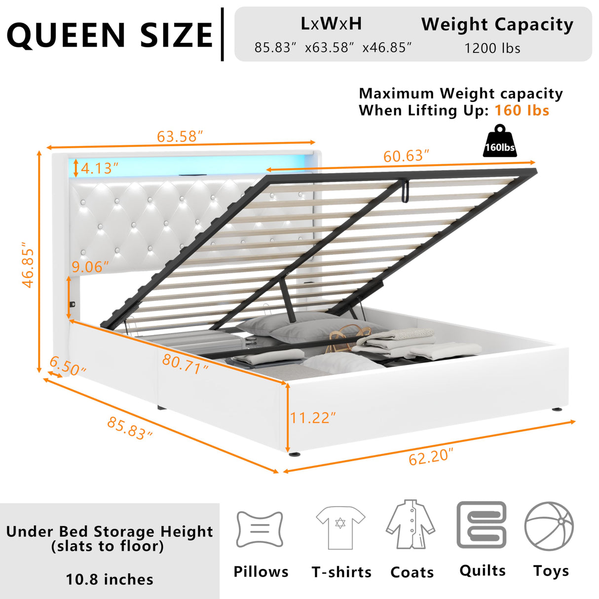 Loomie Queen Hydraulic Lift Bed Frame with LED Lights & Charging Station, White Leather Upholstered Wingback Design Loomie