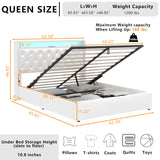 Loomie Queen Hydraulic Lift Bed Frame with LED Lights & Charging Station, White Leather Upholstered Wingback Design Loomie