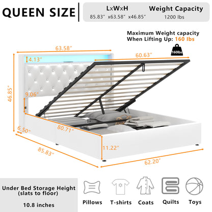 Loomie Queen Hydraulic Lift Bed Frame with LED Lights & Charging Station, White Leather Upholstered Wingback Design - WoodArtSupply