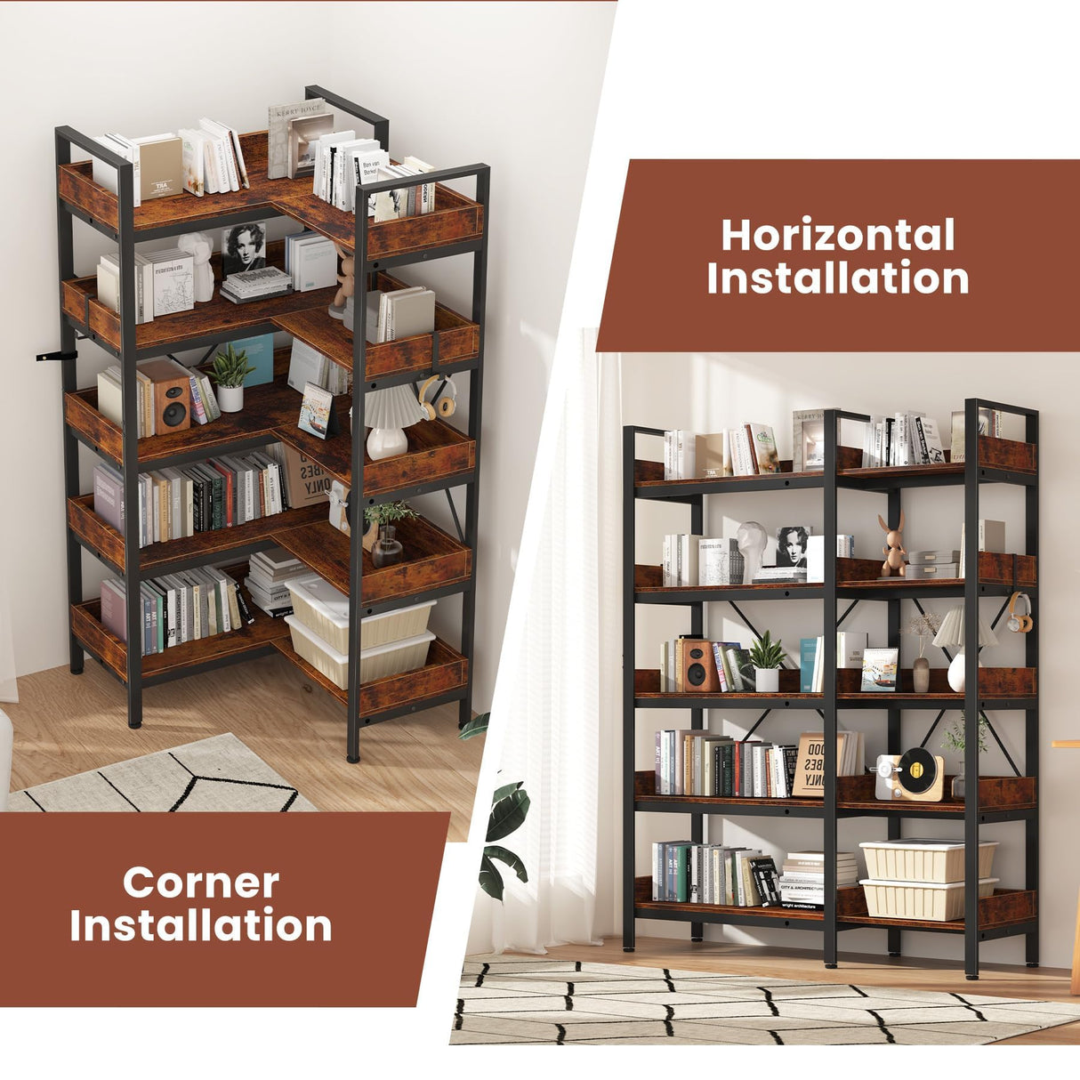 5-Tier Corner Bookshelf, L-Shaped Reversible Bookshelf, 65" Industrial Wooden Bookcase with Open Shelves, Metal Frame Shelf with Adjustable Feet, Corner Storage Rack for Home Office, Rustic Brown GarveeLife