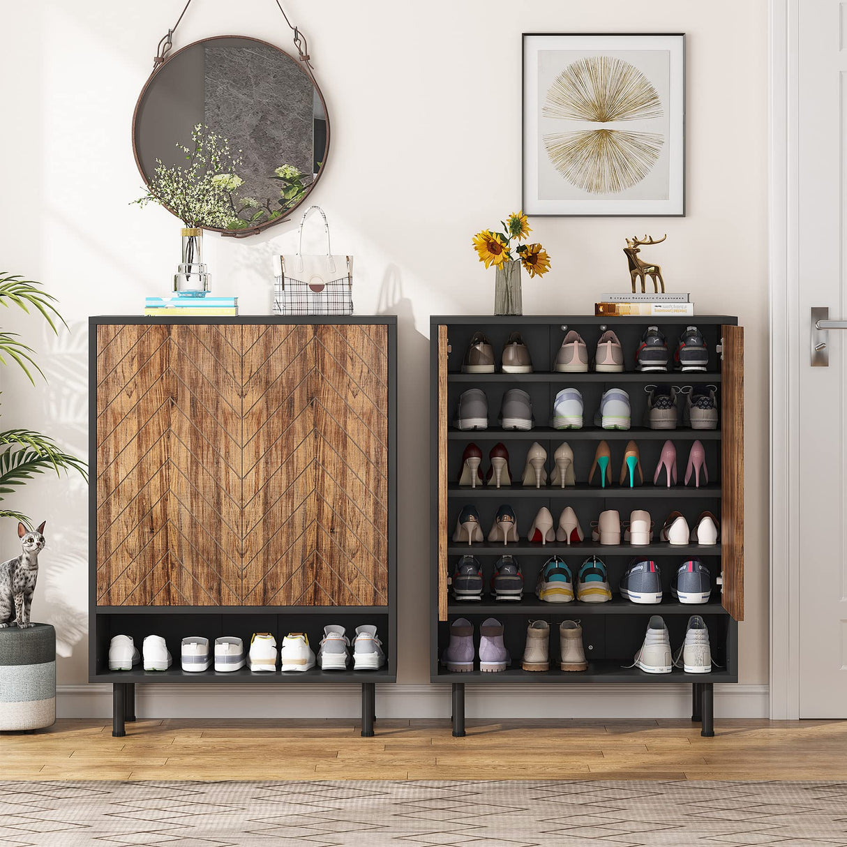 Tribesigns Shoe Cabinet, 18 Pair Shoe Rack Organizer Cabinet with Door, 6-Tier Modern Shoe Storage Cabinet with Shelves for Entryway Hallway Closet Bedroom, Black and Brown Tribesigns