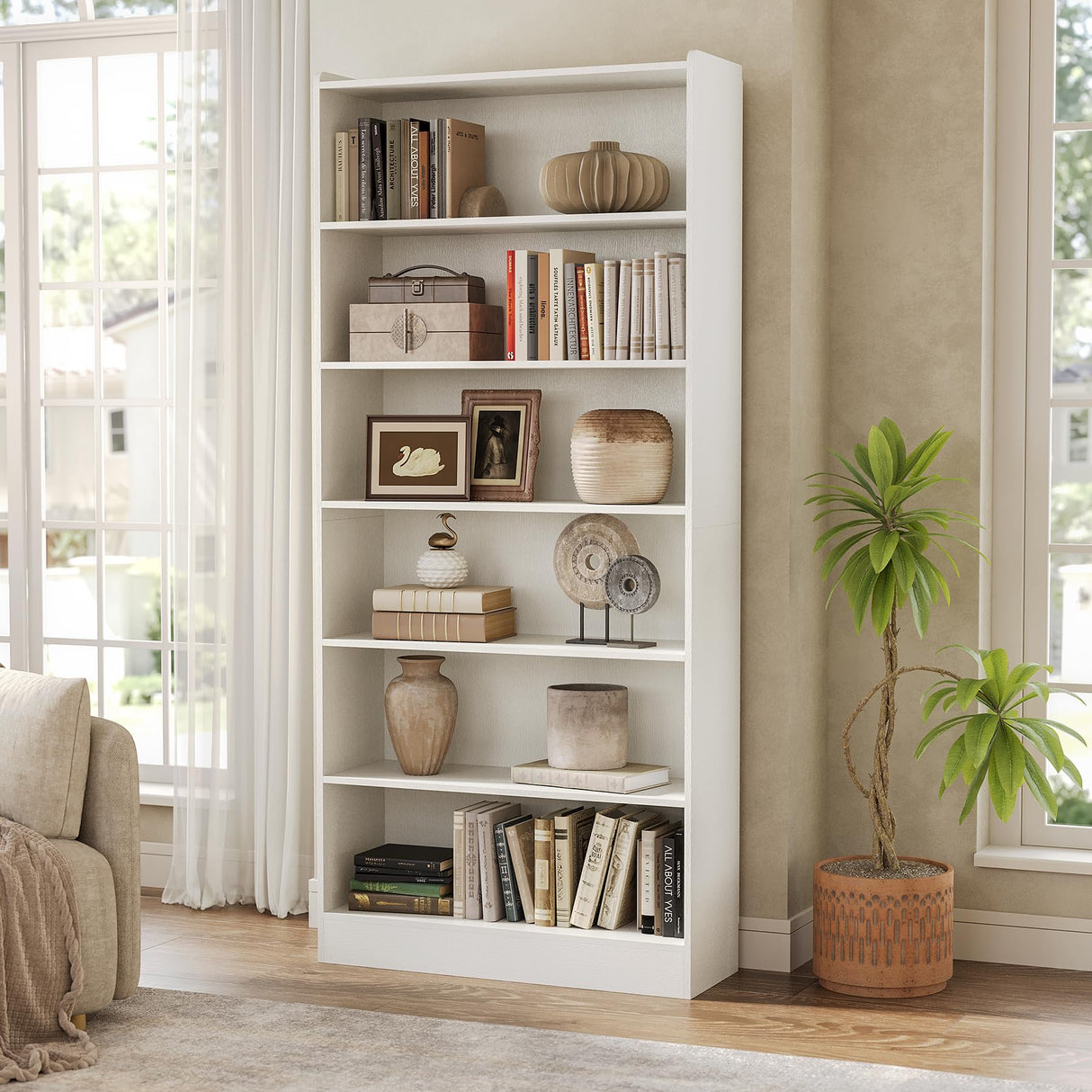 LITTLE TREE 72-Inch Tall Bookcase, 7-Tier White Wooden Large Bookshelf, Wide Bookcase Bookshelves, Freestanding Modern Display Shelving Unit for Living Room, Bedroom, Office LITTLE TREE
