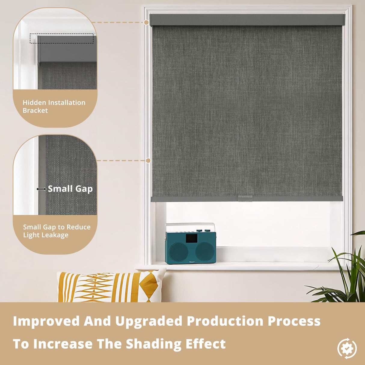 AOSKY Linen Roller Blinds Shades for Indoor Windows Pull Down Cordless Blackout Black Out Window Shade 20 Inch Blinds for Home Dark Grey AOSKY