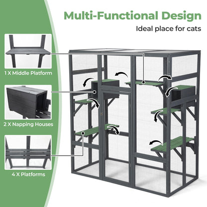 Large Stylish Wooden Catio Outdoor Cat Enclosure Cat Cage & Run Enclosures Indoor Kitty Window Cage with Waterproof Roof, 7 Platforms & 2 Resting Box, UV Resistant, 62.4" L x 32.4" W x 70" H  - WoodArtSupply