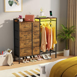HIGDBFE Dresser with Hanging Rack, 8-Drawer Dresser for Bedroom with Charging Station & LED Lights, Kids Dressers with Shoe Rack, Rustic Brown, 11.8" D x 42" W x 42.7" H (8 Drawers) HIGDBFE