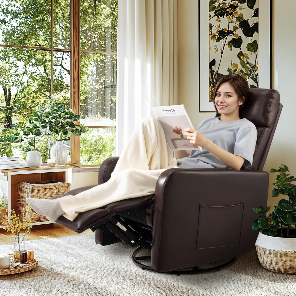 Neioml Swivel Rocking Recliner Chair for Small Space, Manual Swivel Glider Recliner for Nursery,RV,Rocking Recliner with Footrest and Side Pocket,Breathable Leather,Dark Brown Neioml