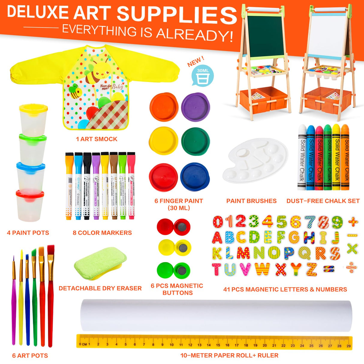 Kids Easel Including 100+ Accessories, Rundad Double Sided Wooden Easel for Kids Age 3-8 with Magnetic Chalkboard & Painting Board, Free Height Adjustable Art Easel Supplies for Toddlers Rundad