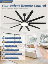 72 inch Large Ceiling Fans with Lights and Remote, Outdoor Black Ceiling Fan with 10 Blades, 32W LED Light 3 CCT, 6 Speed Reversible Quiet DC Motor, Modern Ceiling Fan for Living Room Patio Fanbulous