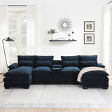 Merax 123" Modular Sectional Couches with Waist Pillows, Cupholders, Console and USB Charging, 6-Seat Upholstered Sleeper Sofa Chaise Lounge & Double Cushions for Living Room, Apartment, Dark Blue Merax