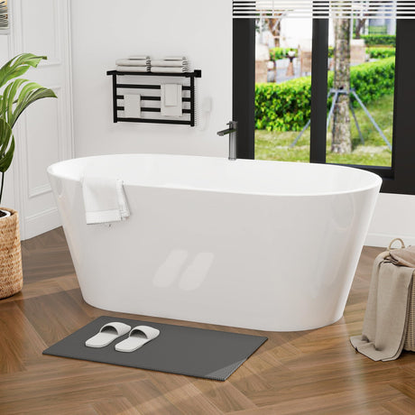 HIGREENA 55" Acrylic Freestanding Bathtub, Glossy White Soaking Tub, Stand Alone Tub, Oval Bathtub with Chrome Overflow and Drain, Free Standing Tub for Bathroom HIGREENA