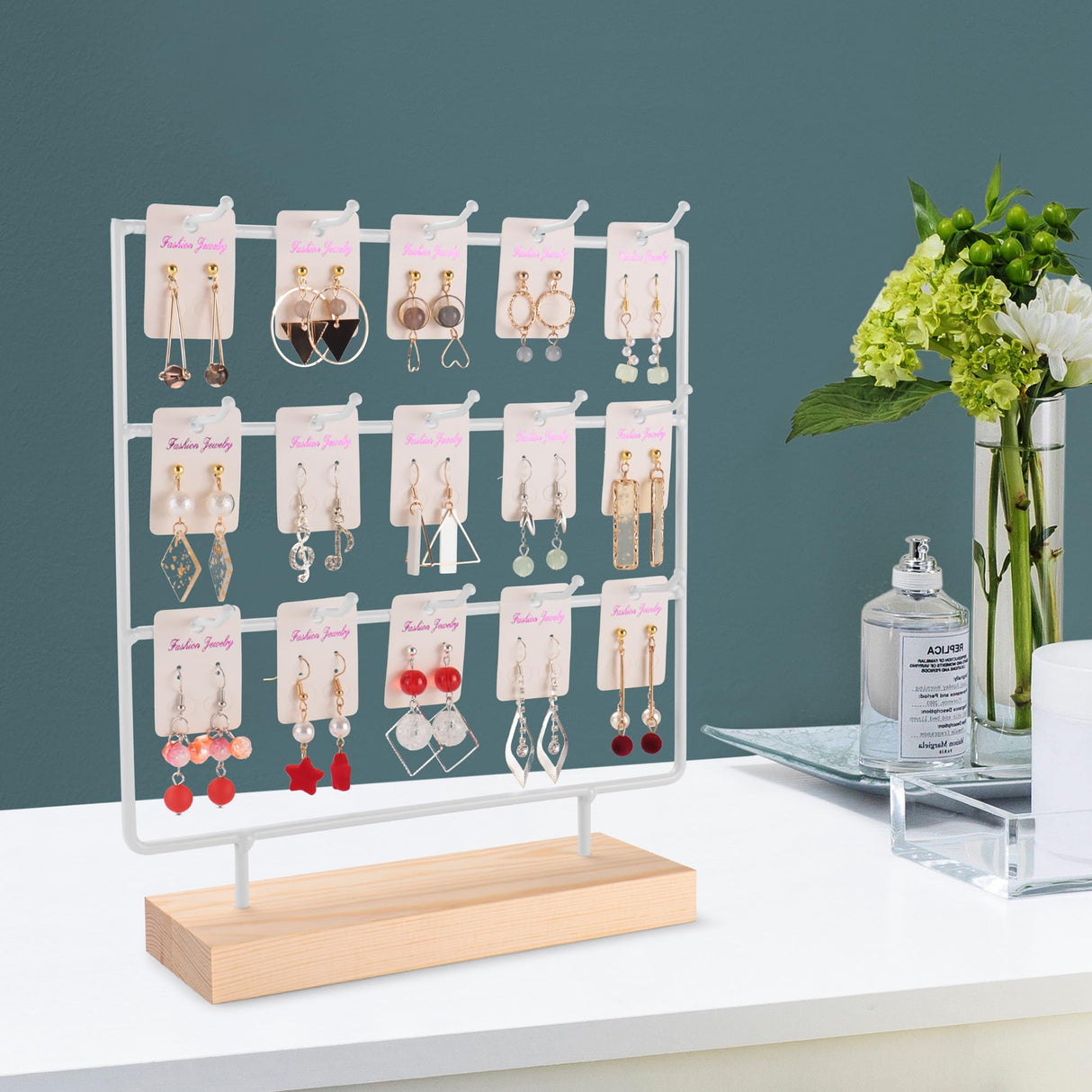 shidaishiye Earring Display Stand for Selling, Wood Earring Rack Tower Display Holder Stand (3 Tier,15 Hooks, White) shidaishiye