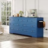DWVO Farmhouse 7 Drawer Dresser for Bedroom, 59" Wide Large Modern Dresser TV Stand with Drawers & Bar Handles, Storage Dressers with Power Outlets, Rustic Wood Chest of Drawers, Blue Upgraged DWVO
