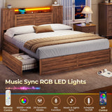 VIAGDO Farmhouse Queen Bed Frame with Headboard and Double Barn Door Storage Cabinets, Rustic Wooden Bed Frame Queen Size with Charging Station, 4 Drawers and LED Lights, No Box Spring Needed, Brown VIAGDO