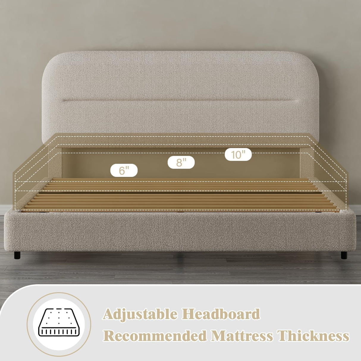 King Size Boucle Bed Frame, Upholstered Cloud Bed Frame with Headboard, Soft Platform Bed Frame with Thickened Footboard, Rounded Corners, No Box Spring Required, Easy Assembly, Cream HOMBCK