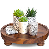 Demigo 10" Acacia Wood Round Tray - Decorative Plant Stand, Farmhouse Countertop Organizer, Multi-Purpose Display Pedestal, Riser Board for Soap, Perfume, Candles, Sponge, Bathroom, Kitchen Demigo