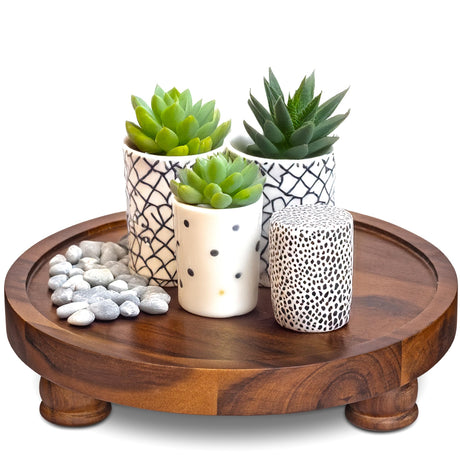 Demigo 10" Acacia Wood Round Tray - Decorative Plant Stand, Farmhouse Countertop Organizer, Multi-Purpose Display Pedestal, Riser Board for Soap, Perfume, Candles, Sponge, Bathroom, Kitchen Demigo