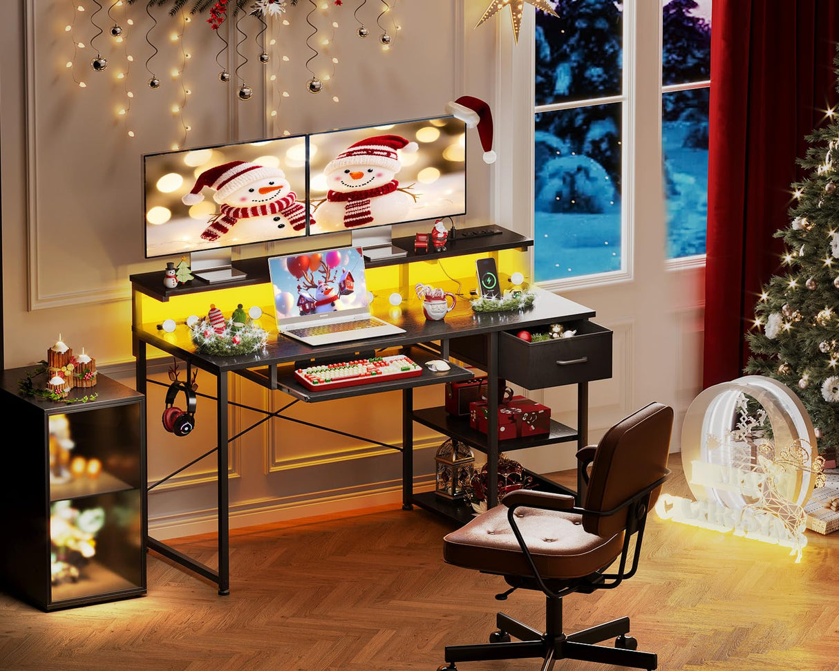 AODK Gaming Desk with LED Lights & Power Outlet, 48 Inch Computer Desk with Keyboard Tray, Office Desk with Drawer, Reversible Desk with Adjustable Monitor Shelf and Storage Shelf, Black AODK