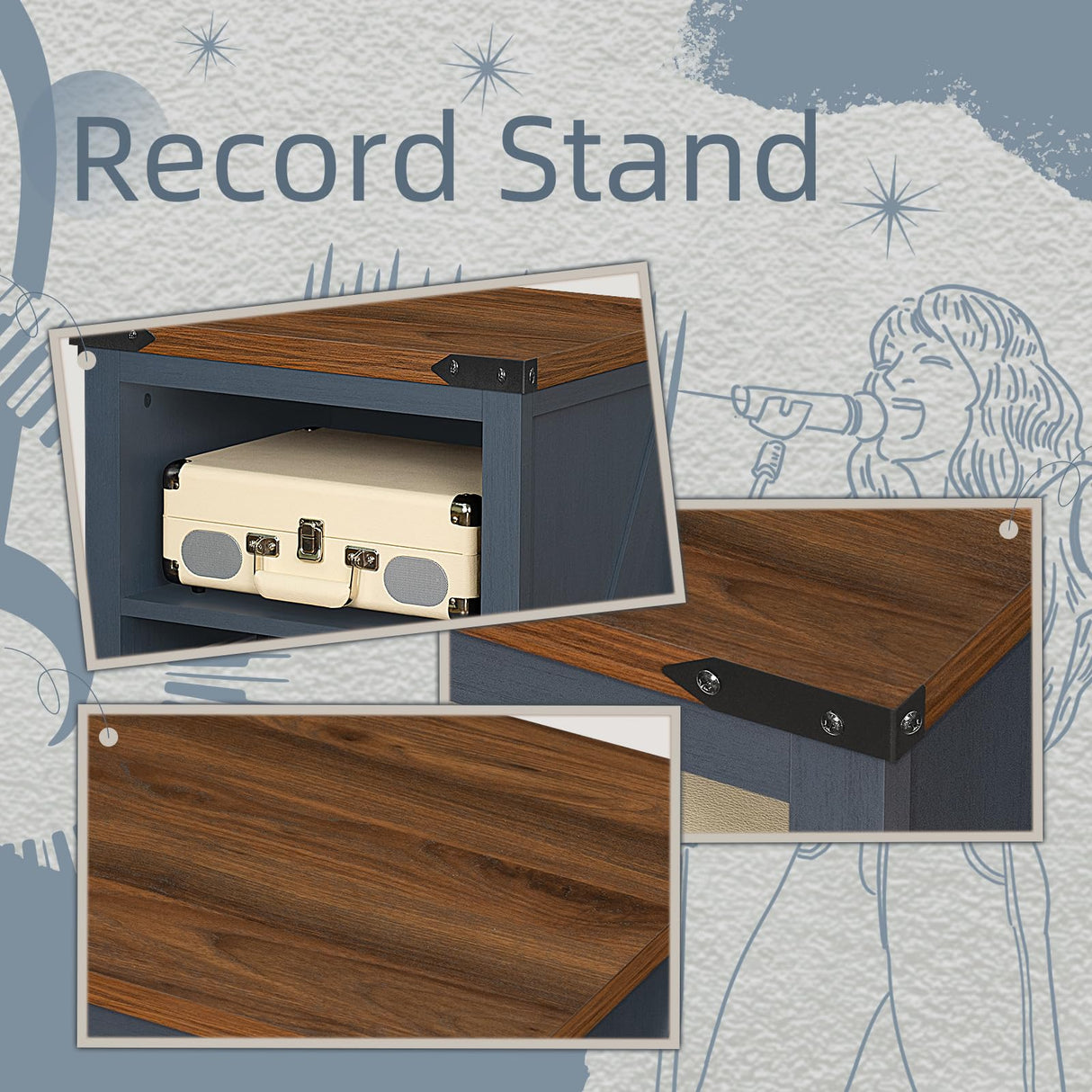 Record Player Stand with Vinyl Record Storage Holds up to 160 Albums,Large Wood Record Player Table Dispaly Shelf，Blue Turntable Stand Cabinet for Living Room,Bedroom,Office 9 Joaxswe