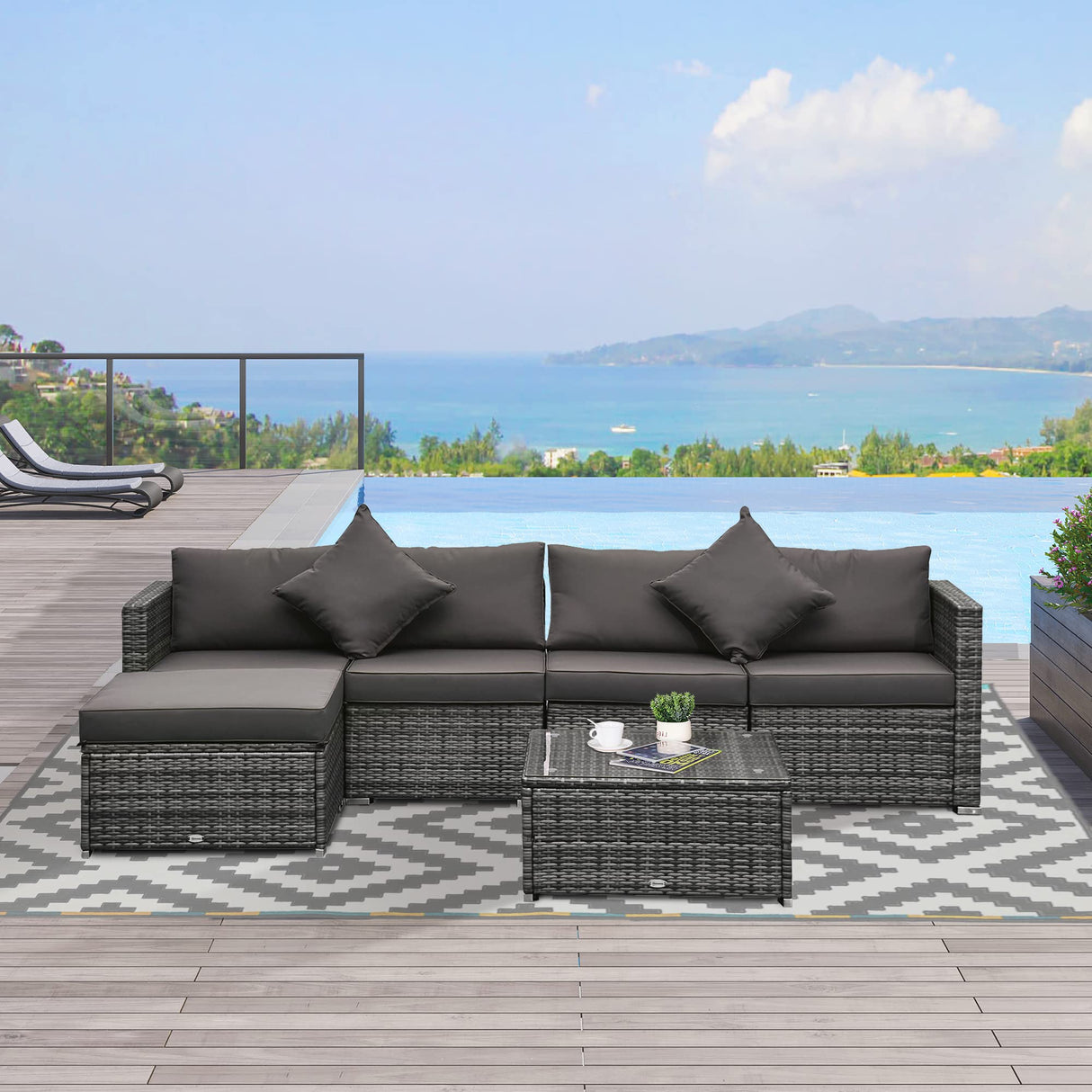 Outsunny 6 Piece Patio Furniture Set Outdoor Wicker Conversation Set All Weather PE Rattan Sectional Sofa Set with Ottoman, Cushions and Tempered Glass Table, Mixed Gray and Charcoal Outsunny