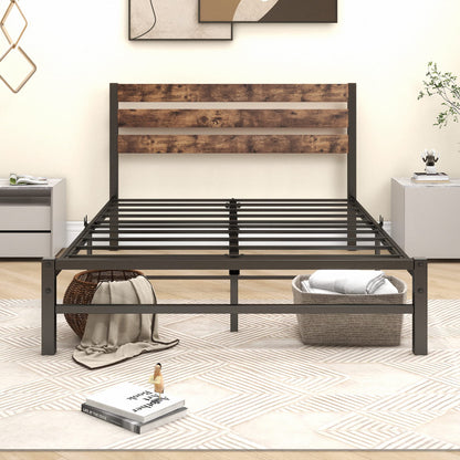 VERFARM Rustic Vintage Full Metal Platform Bed Frame with Wooden Headboard - No Box Spring Needed, Noise-Free, Easy Assembly - WoodArtSupply