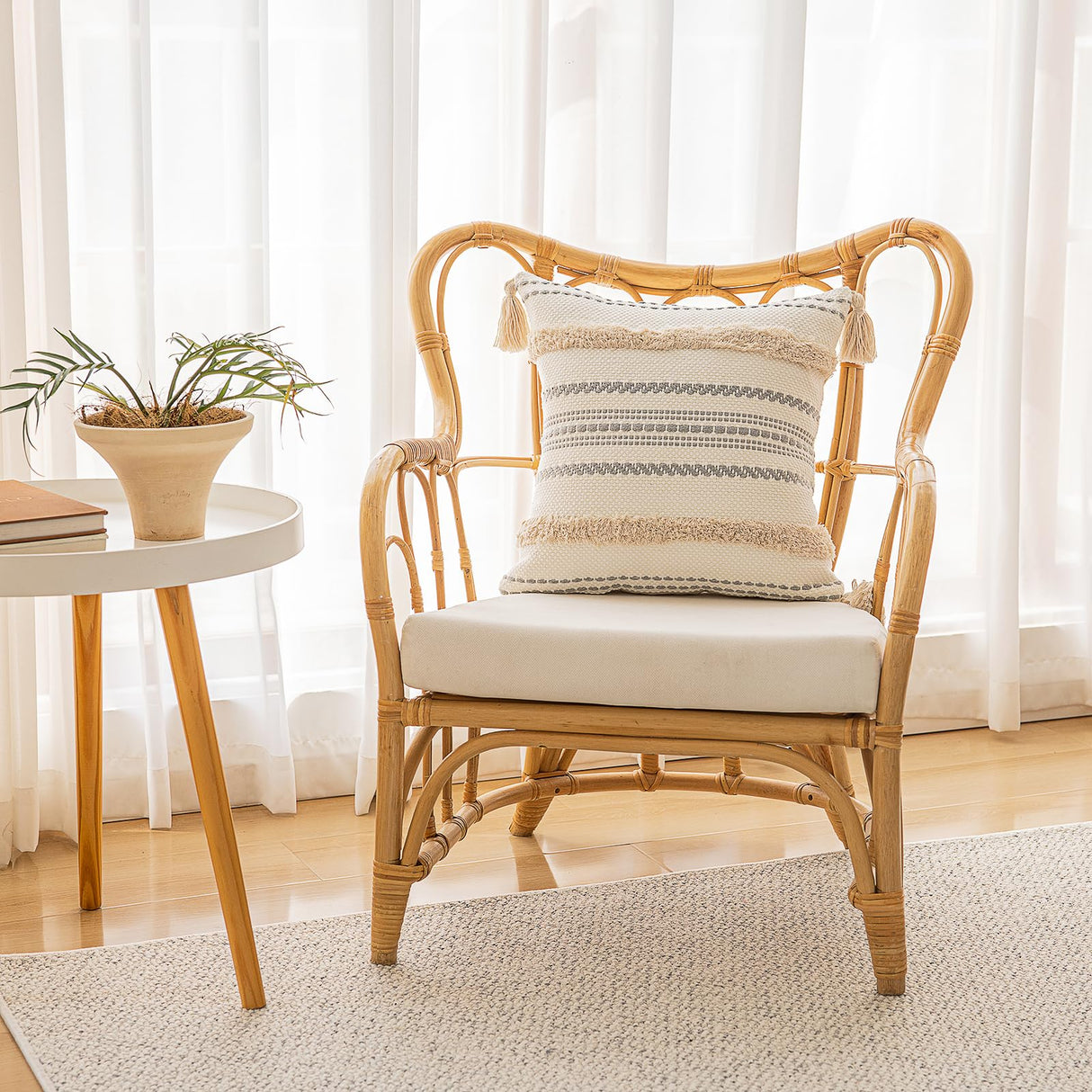 Boho Throw Pillow Covers 18x18 Set of 2 Woven Tufted Farmhouse Pillows Cover with Tassels Textured Striped Cushion Case Neutral Pillow Cases Decorative Pillowcase for Sofa, Couch, Bed, Khaki BUIOVBEY