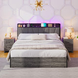 LUXOAK Queen Size Lift Up Storage Bed Frame with RGB LED Lights and Charging Station in Rustic Grey LUXOAK
