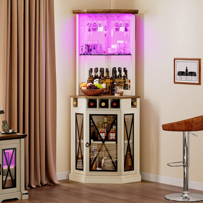 YITAHOME Corner Bar Cabinet with LED Lights, 72" Tall Farmhouse Wine Bar Cabinet w/Visualization Glass Door & Adjustable Shelves, Home Bar w/Wine and - WoodArtSupply