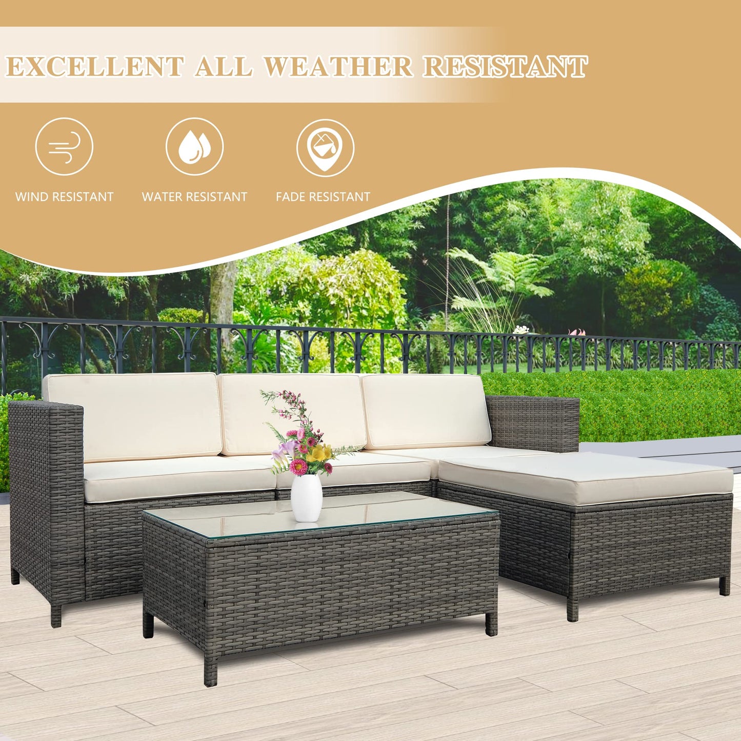 May in Color 5 Piece Outdoor Patio Sectional Furniture Set, Weather Resistant Rattan Outside Couch, Waterproof Conversation Sofa for Balcony, Porch, Backyard, Deck, Garden,Beige - WoodArtSupply