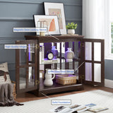 lunhung 2 Door Curio Display Cabinet with LED Light & Adjustable Shelves, 30" Tableware Display Sideboard w/Mirrored Back Pane, Modern Glass Display Storage Cabinet for Kitchen & Living Room (Cherry) lunhung