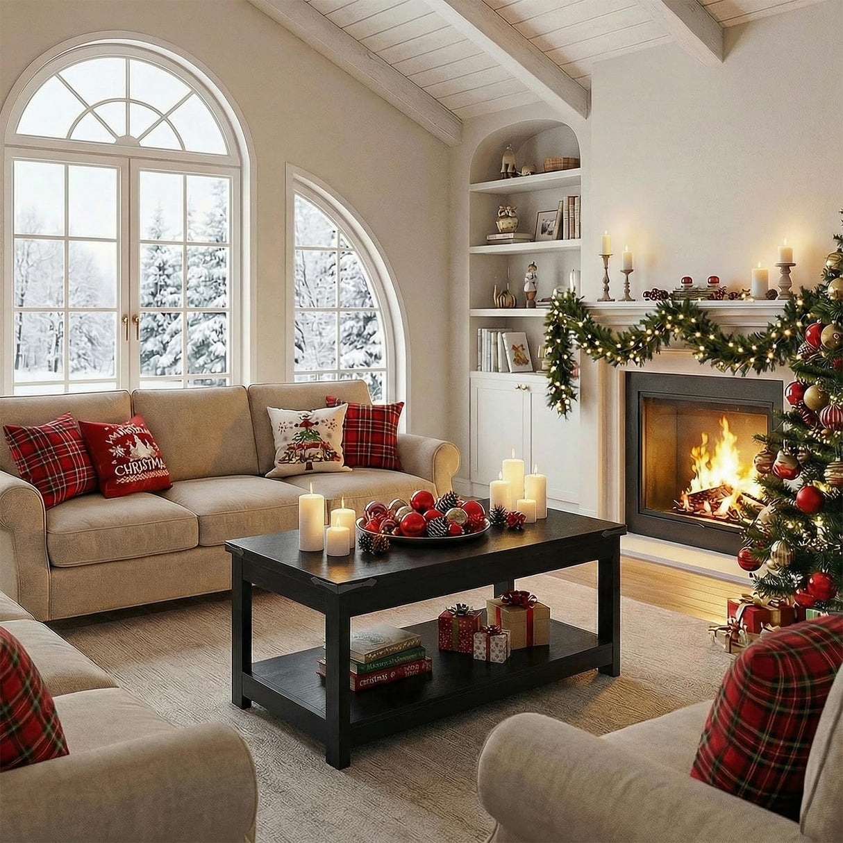 Homieasy Coffee Table with Storage Shelf, 43.3” Farmhouse Wood Coffee Tables for Living Room, Modern Center Tea Table, Black