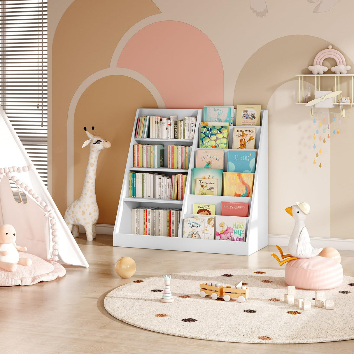 Tatub 6 Tier Kids Wooden Bookshelf and Toy Storage, Children Toy Organizer with Book Shelves, Toddler BookRack Baby Bookcase for Nursery, Playroom and Classroom, White Tatub