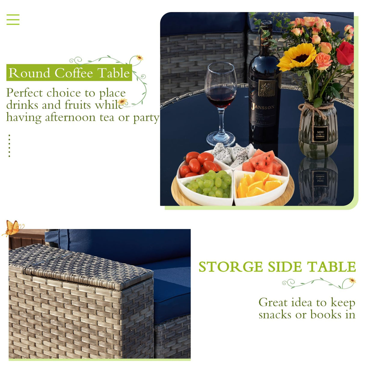 ECOTOUGE 7 Piece Outdoor Half Moon Furniture, Wicker Patio Sectional Conversation Set with 2 Storage Armrests and Glass Table, Brown Rattan Curved Sofa for Garden, Balcony and Backyard (Blue) ECOTOUGE