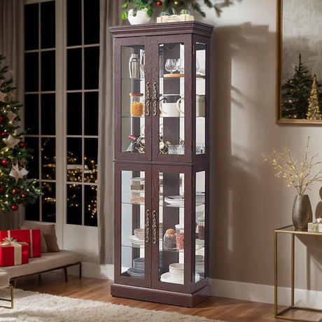 CKEASEAN Curio Cabinet 71" Lighted Glass Display Cabinet, China Cabinet with 6 Adjustable Glass Shelves Vintage, Light Bulb Included, Rack for Living Room (Dark Cherry) CKEASEAN