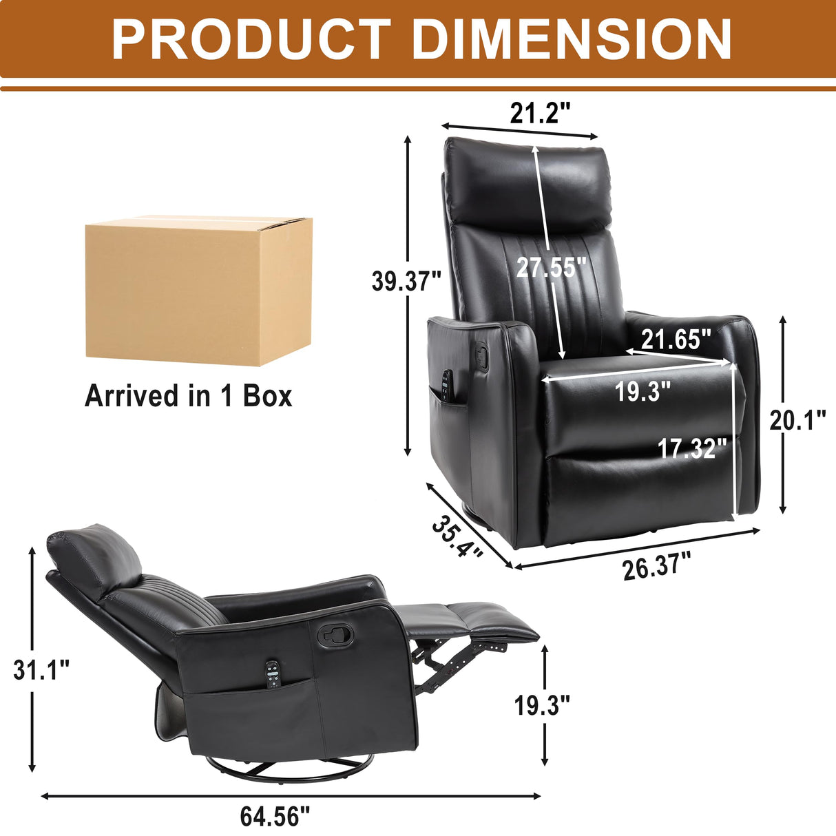 Manual Swivel Rocker Recliner Chair for Adults, Overstuffed Recliner Glider with Massage and Heat, Living Room Reclining Chair, PU Leather Black Luxlen